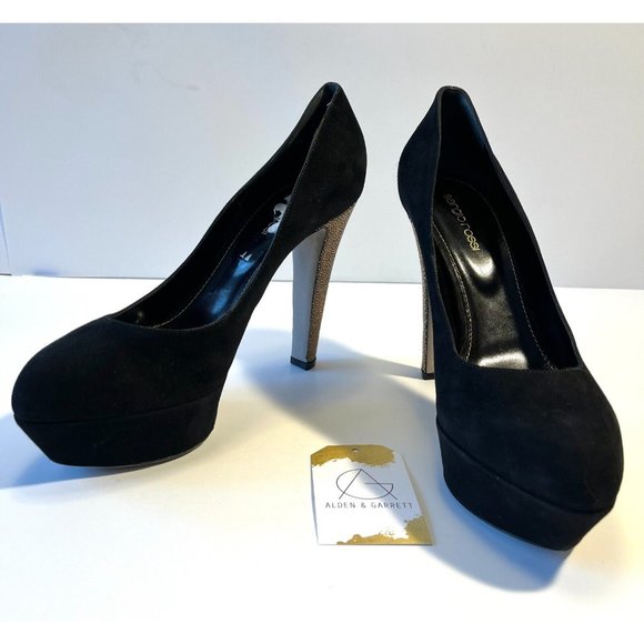 Sergio Rossi Black Suede Pumps w/ Gold Pebbled Heel, Size 11 (US) 41 (EU) New! - Picture 2 of 12